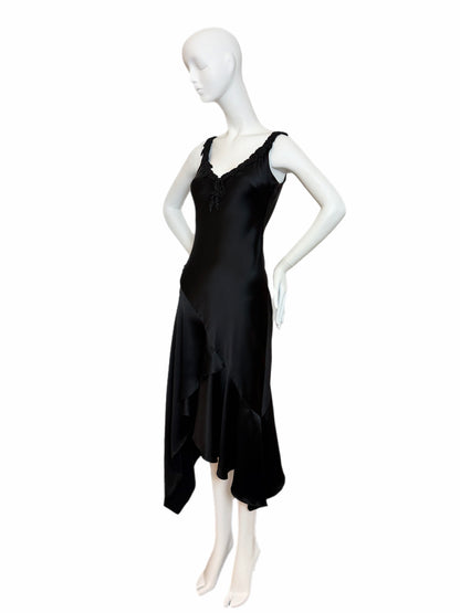 VINTAGE 90's Black Silk Floral Embroidered Handkerchief Asymmetrical Dress