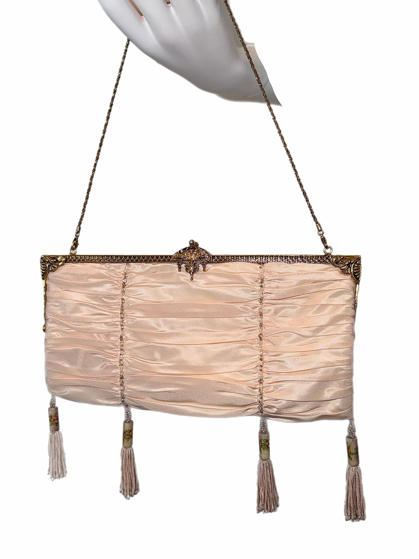 BADGLEY MISCHKA Vintage Peach Satin Beaded Tassel Evening Bag