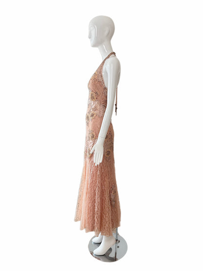 SUE WONG 2000's Vintage Peachy Pink Lace Embellished Maxi Dress