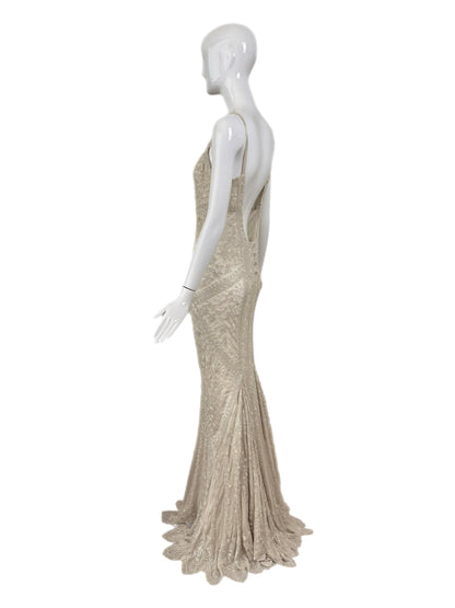LES HABITUDES 90's Vintage Couture Ivory Iridescent Silk Hand-Beaded Evening Gown