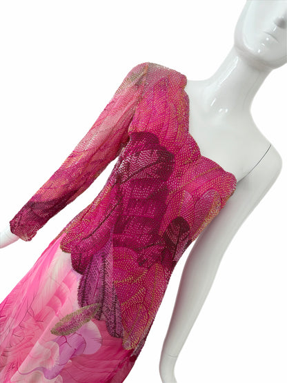HANAE MORI Vintage Silk Hand Beaded One Shoulder Vibrant Cocktail Dress