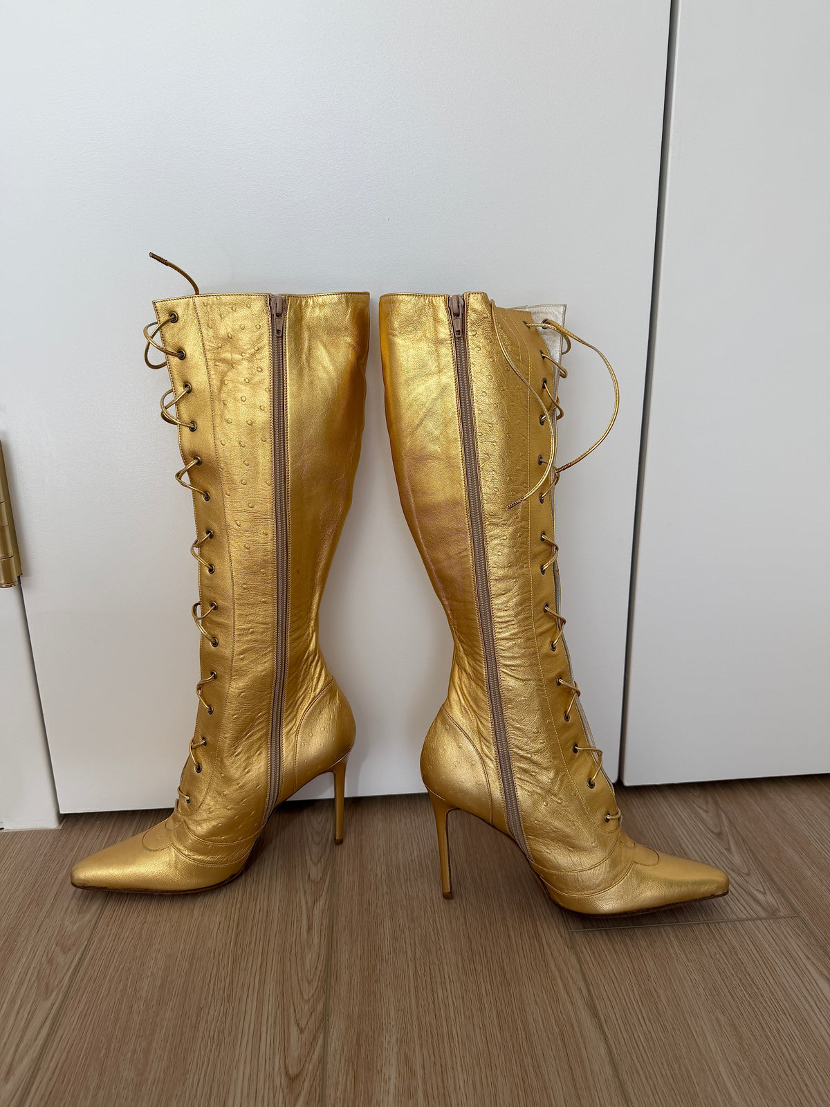DIOR by JOHN GALLIANO 2000 Vintage Gold Leather Embossed Ostrich Print Lace Up Boots