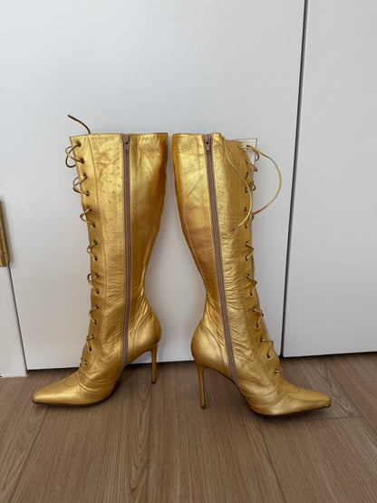 DIOR by JOHN GALLIANO 2000 Vintage Gold Leather Embossed Ostrich Print Lace Up Boots