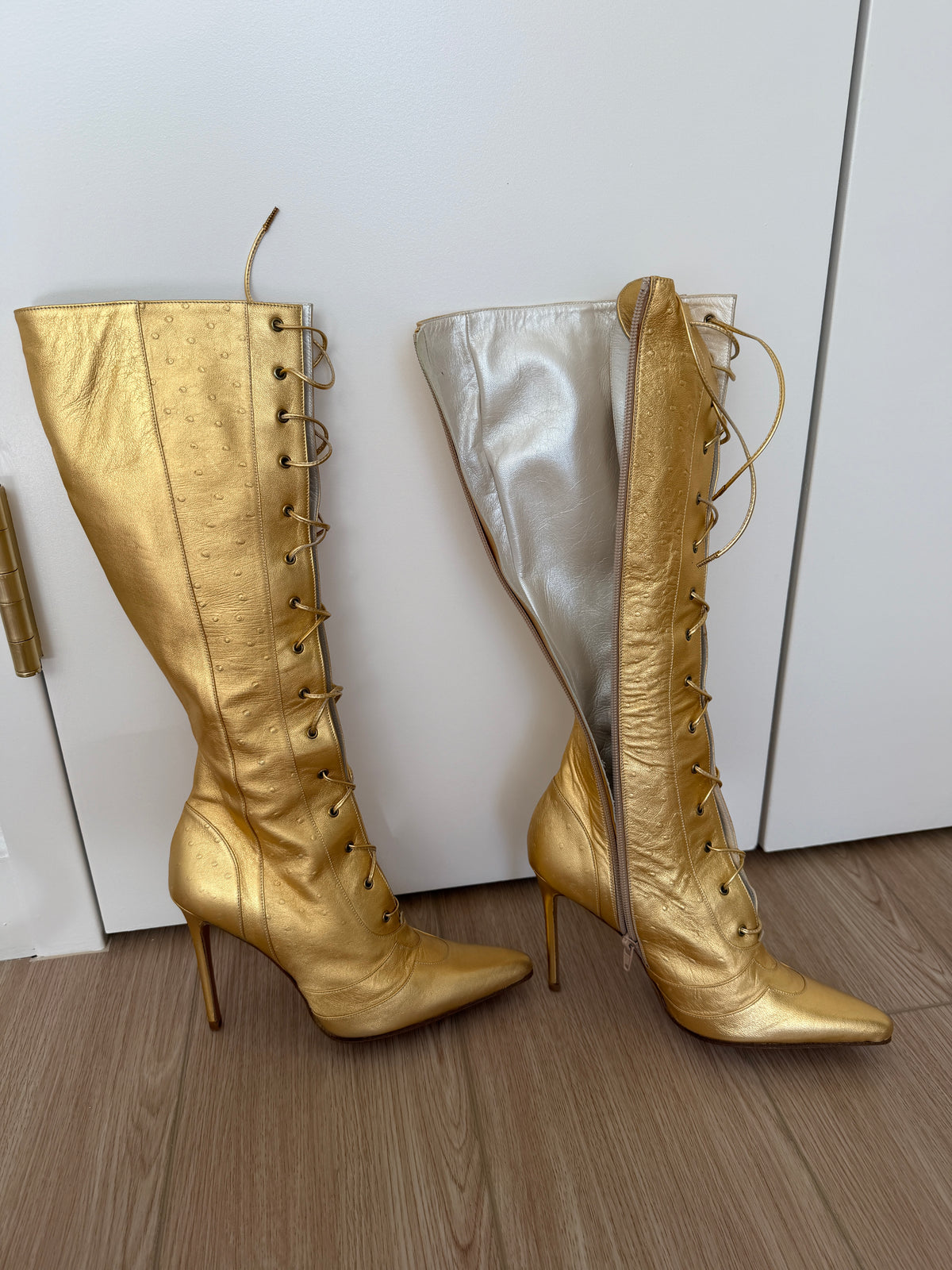 DIOR by JOHN GALLIANO 2000 Vintage Gold Leather Embossed Ostrich Print Lace Up Boots