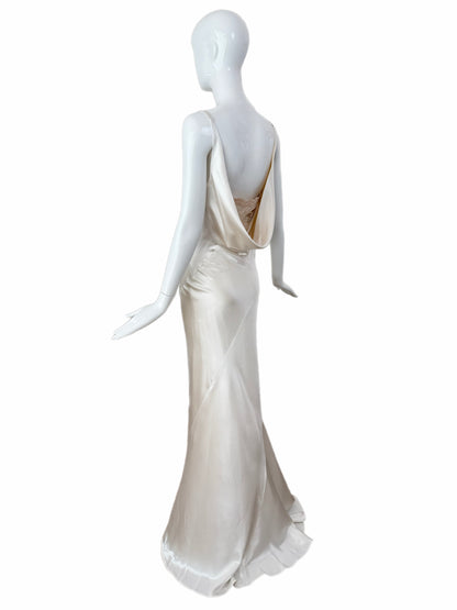 LES HABITUDES 90's Vintage Soft White Liquid Satin Bridal Gown w. Lace Detail