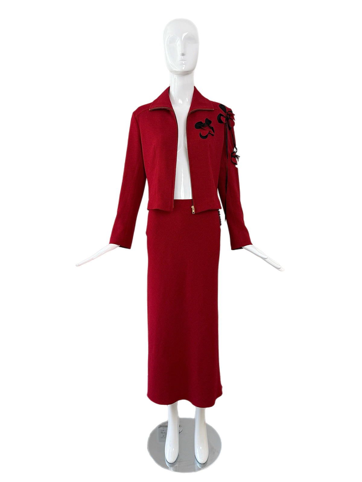 John Galliano 2001 Vintage Crimson Red Floral Motif Skirt Suit