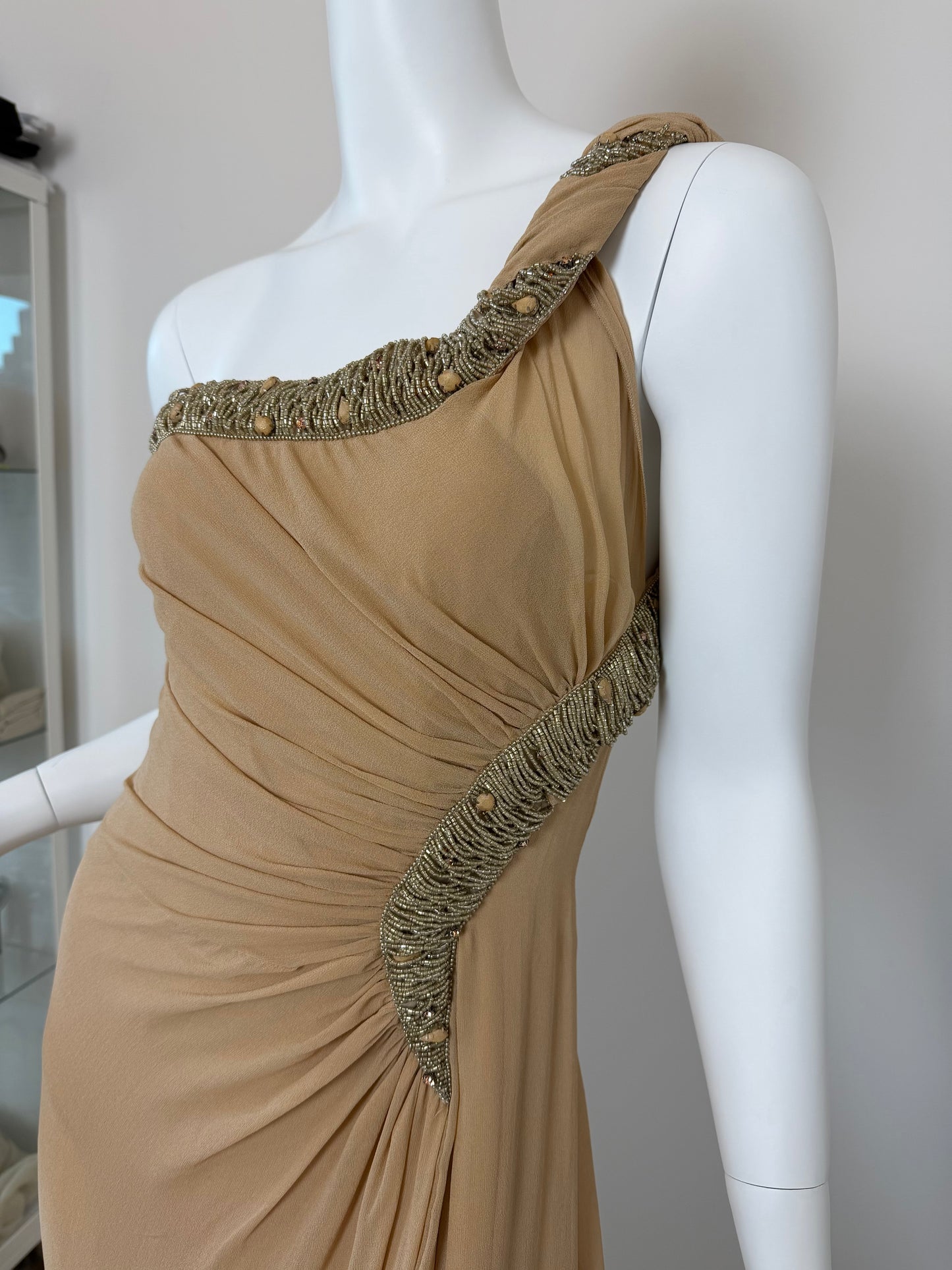 ROBERTO CAVALLI 2012 Silk Chiffon Tan Embellished Grecian Gown w. Slit