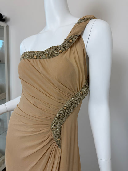 ROBERTO CAVALLI 2012 Silk Chiffon Tan Embellished Grecian Gown w. Slit