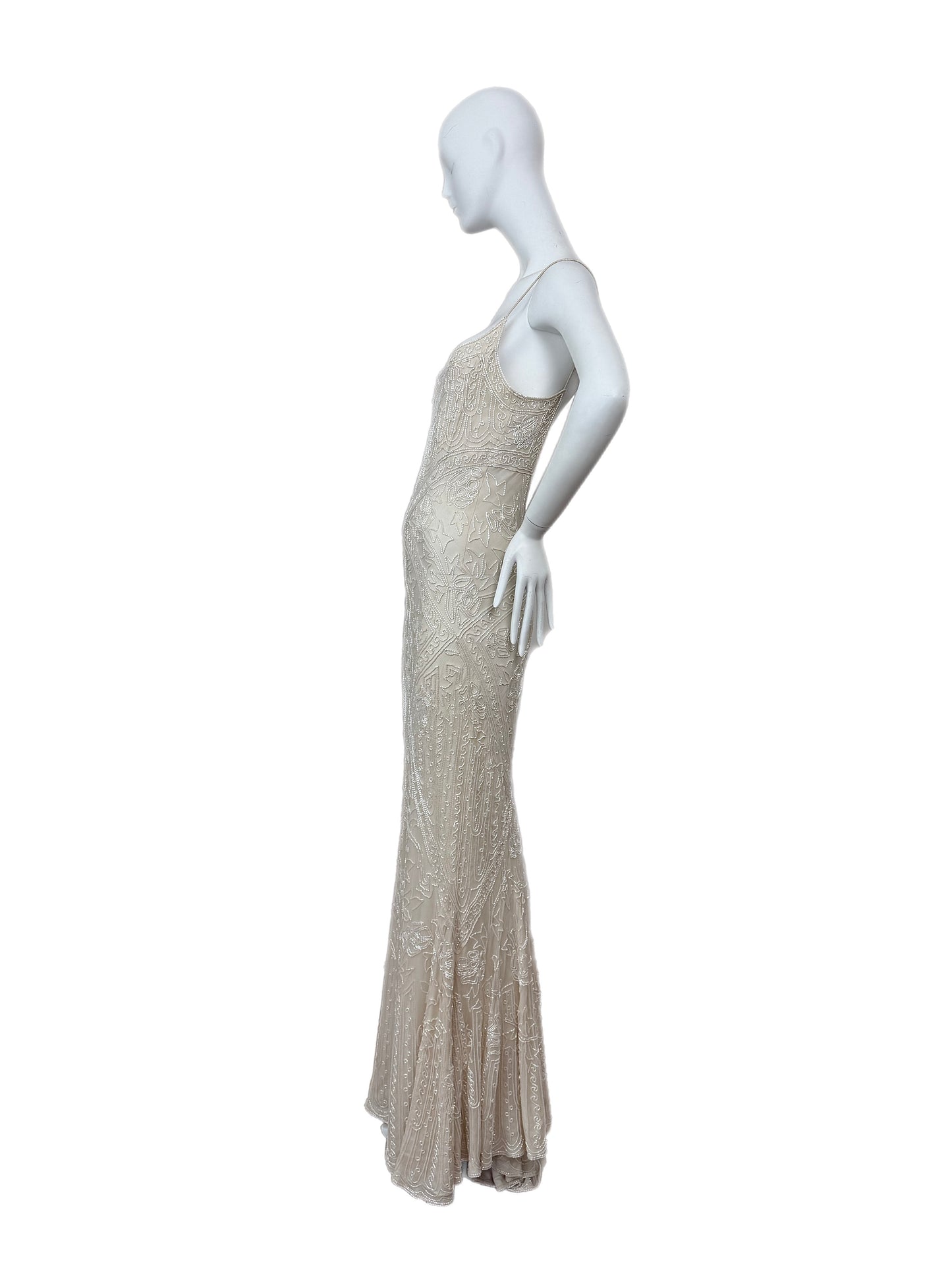 LES HABITUDES 90's Vintage Couture Hand Beaded Bridal Gown w. Gloves + Shawl