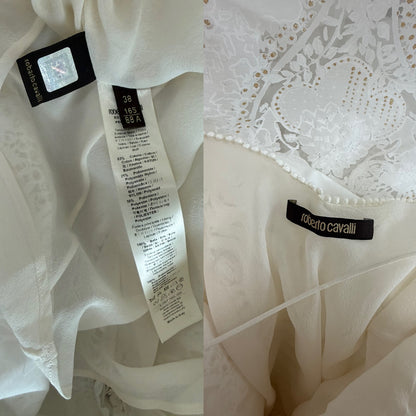 ROBERTO CAVALLI 2016 White Blouson Maxi Dress w. Hand Painted Gold Design