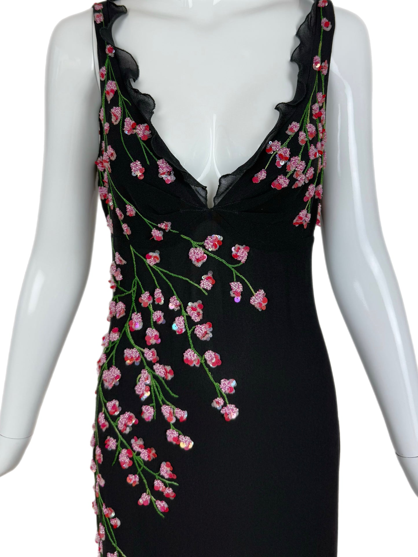 VALENTINO BOUTIQUE 90's Vintage Floral Beaded Black Silk Gown