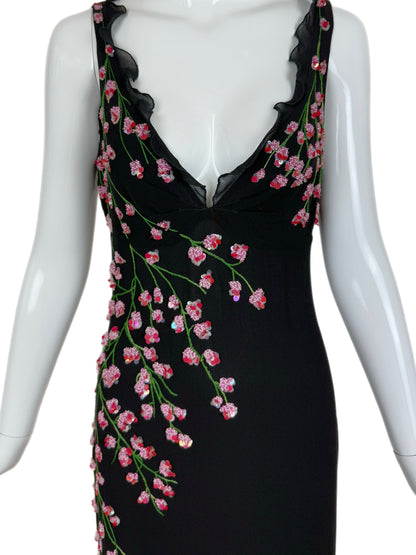 VALENTINO BOUTIQUE 90's Vintage Floral Beaded Black Silk Gown
