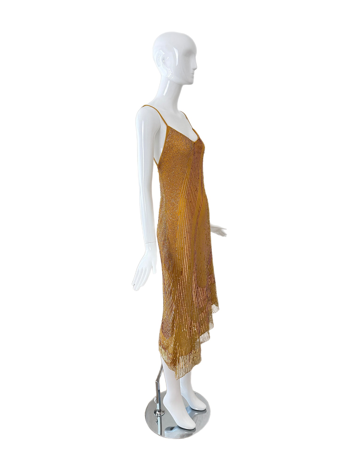 LA PERLA Vintage Marigold Embellished Slip Dress w. Sequin Shawl