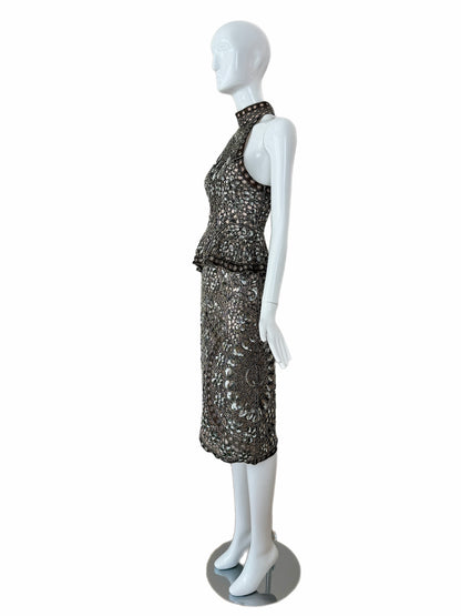Eavis & Brown Vintage Hand-Beaded Silk Silver Embellished Skirt Set
