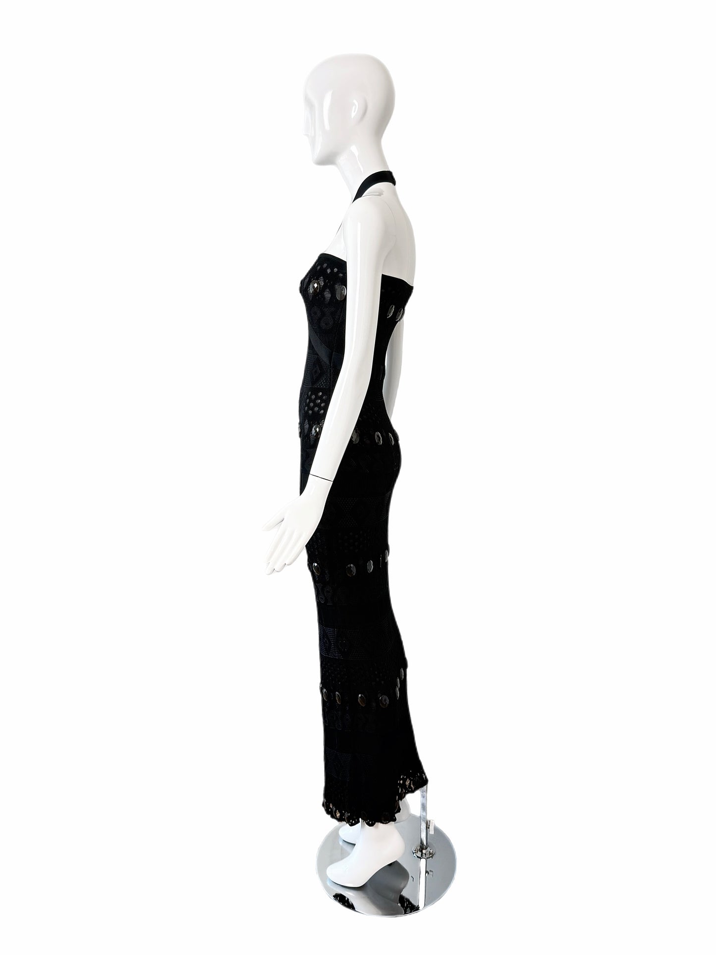HERVE LEGER 90's Vintage Black Crystal Halter Wiggle Maxi Dress