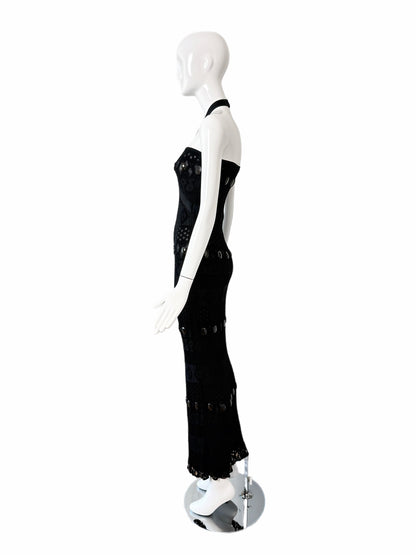 HERVE LEGER 90's Vintage Black Crystal Halter Wiggle Maxi Dress