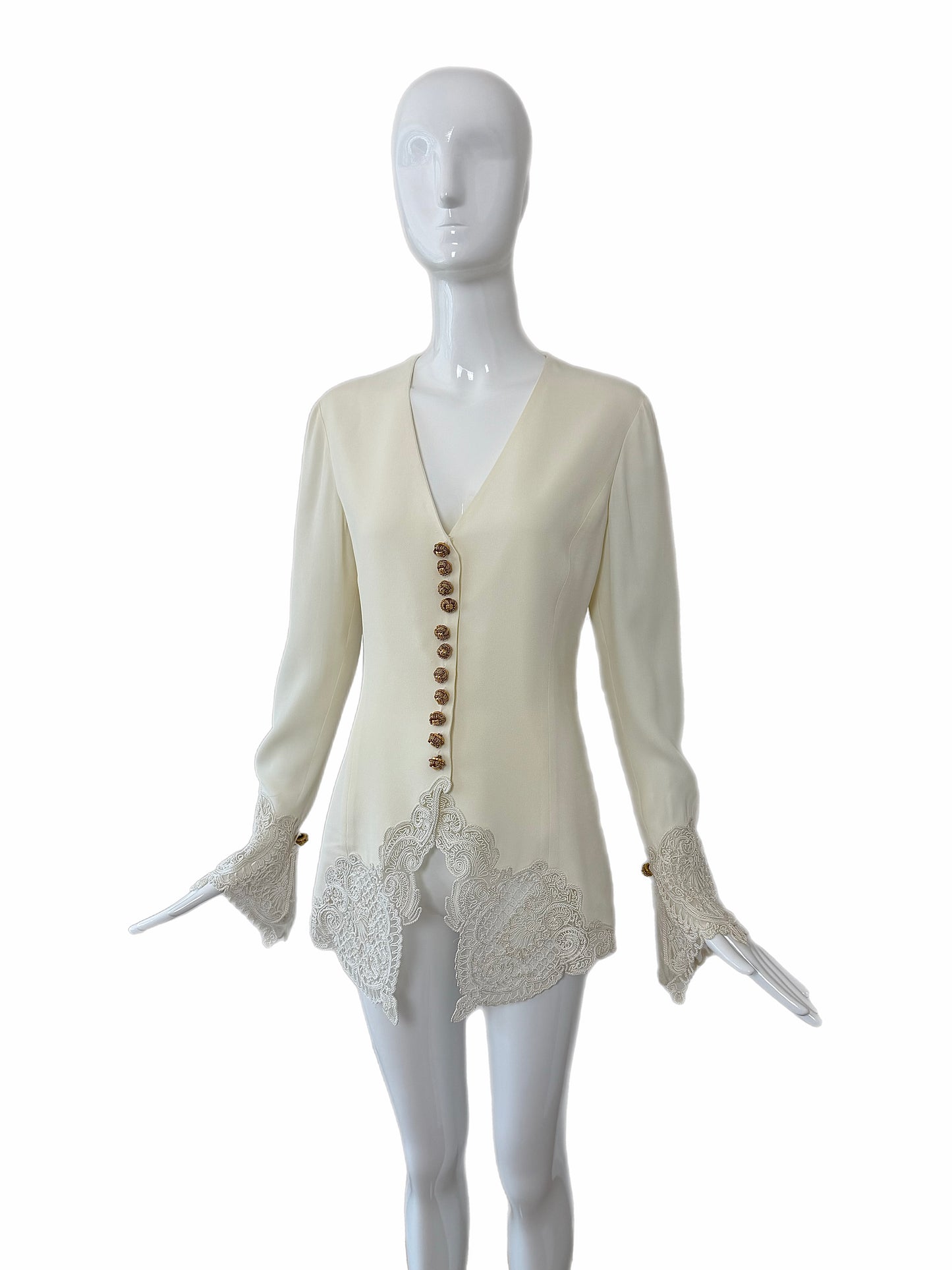 DIOR 1995 Vintage Runway Ivory Blouse/Jacket w. Gold Buttons and Embroidery