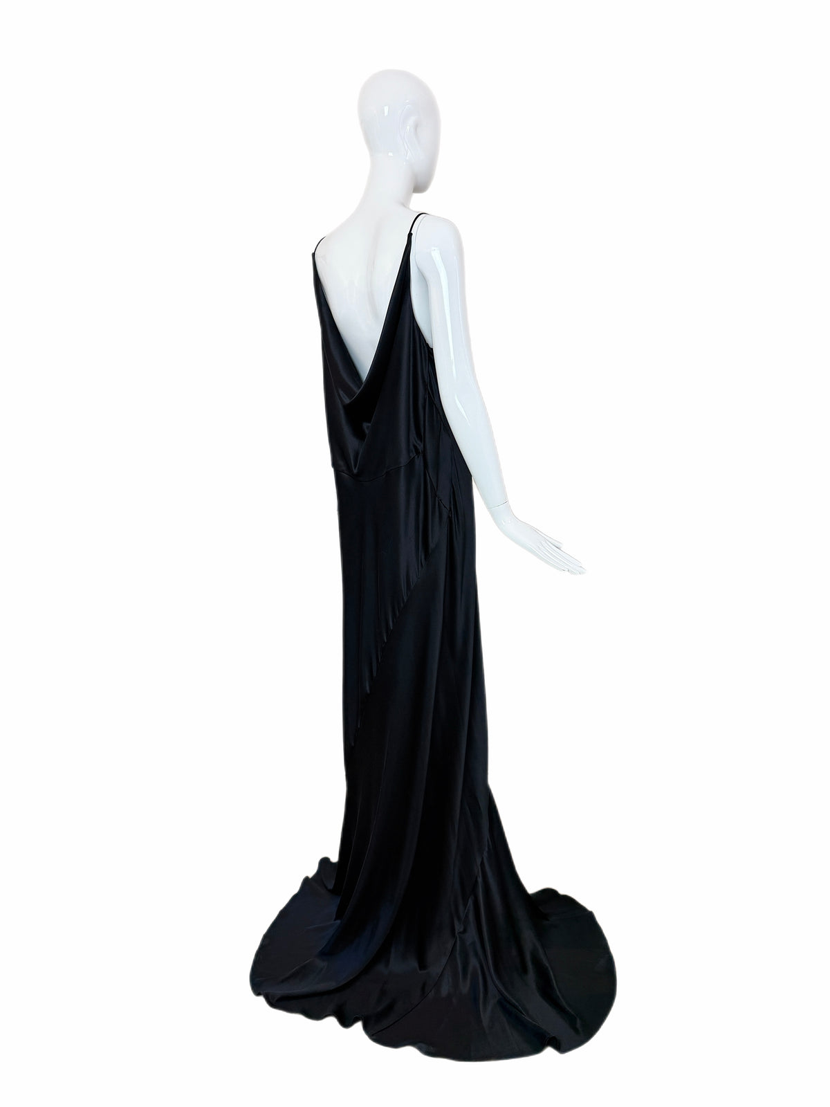 Les Habitudes 90's Vintage Black Liquid Satin Cowl Neck Evening Gown w. Train