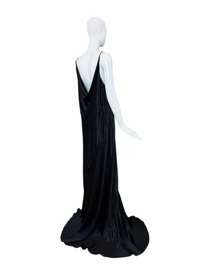 Les Habitudes 90's Vintage Black Liquid Satin Cowl Neck Evening Gown w. Train