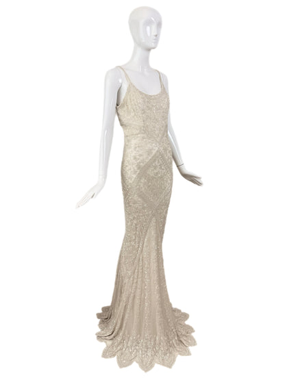 LES HABITUDES 90's Vintage Couture Ivory Iridescent Silk Hand-Beaded Evening Gown