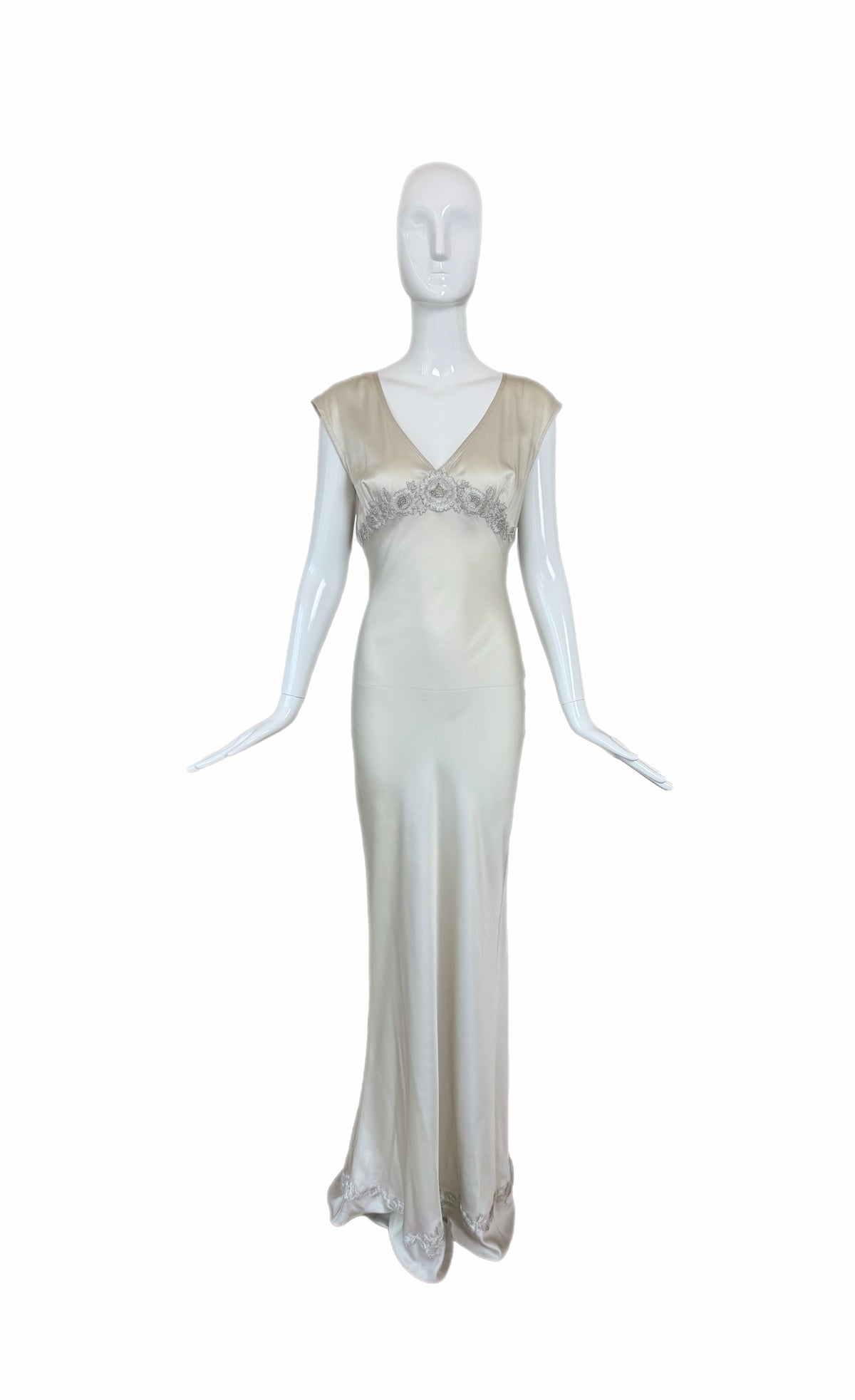 LES HABITUDES 90's Vintage Silver Grey Satin Floral Hand Beaded Antique Look Slip Gown