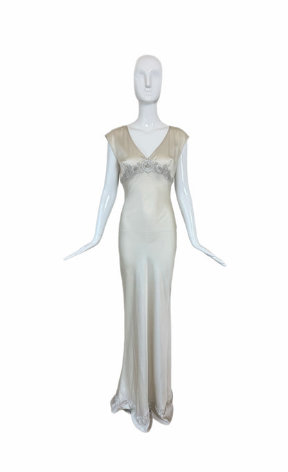 LES HABITUDES 90's Vintage Silver Grey Satin Floral Hand Beaded Antique Look Slip Gown