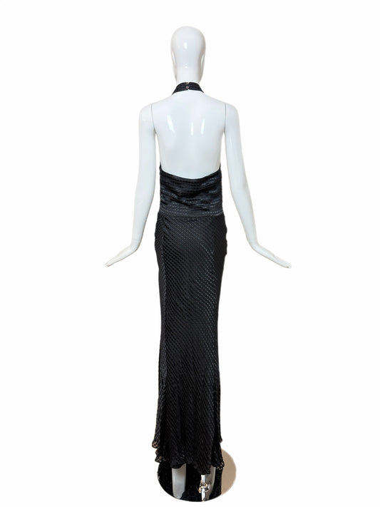 GALLIANO Vintage Black Silk Blend Textured Jacquard Halter Neck Evening Gown