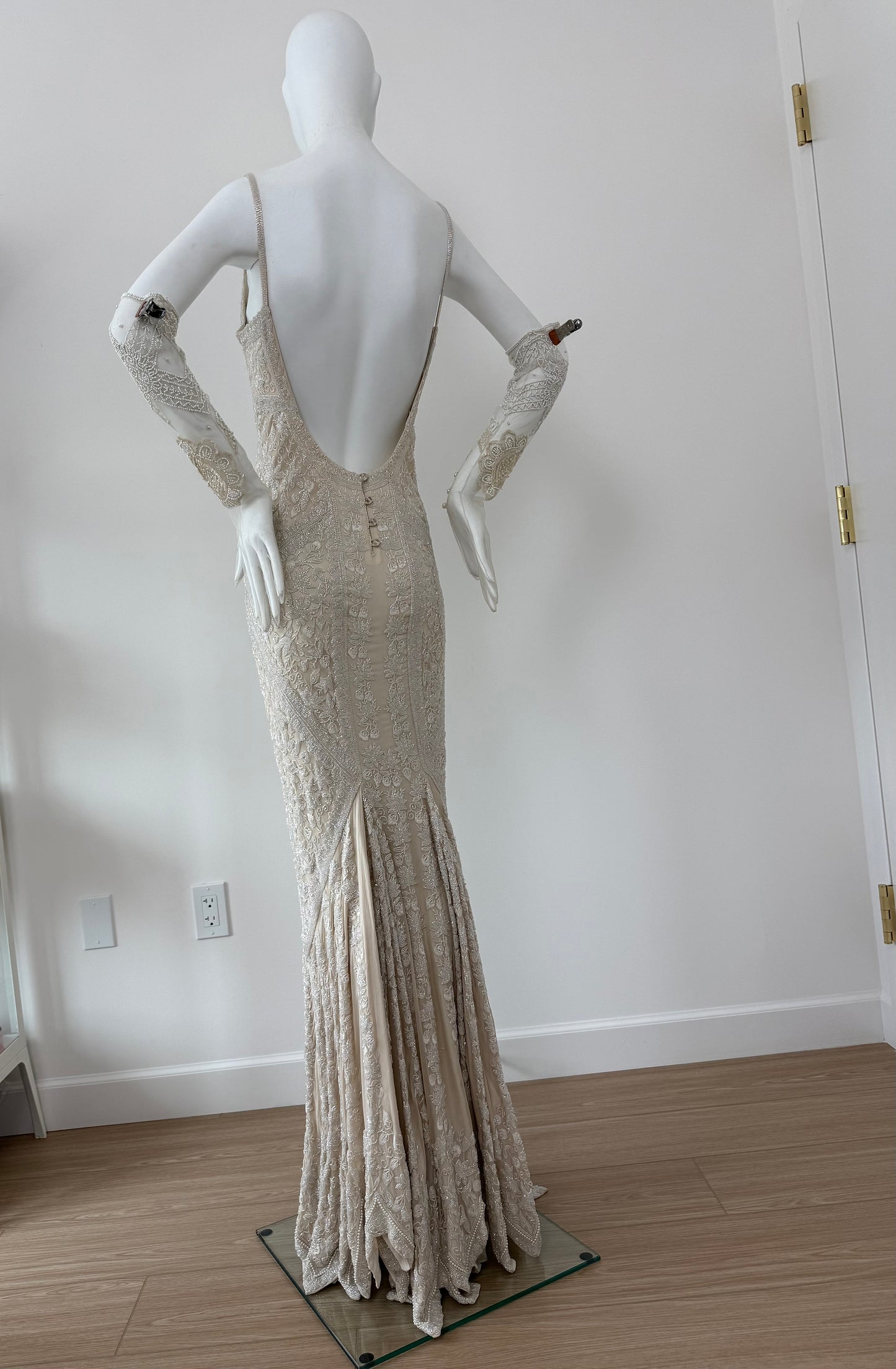 LES HABITUDES 90's Vintage Couture Hand-Beaded w. Pearls Silk Bridal Gown w. Gloves