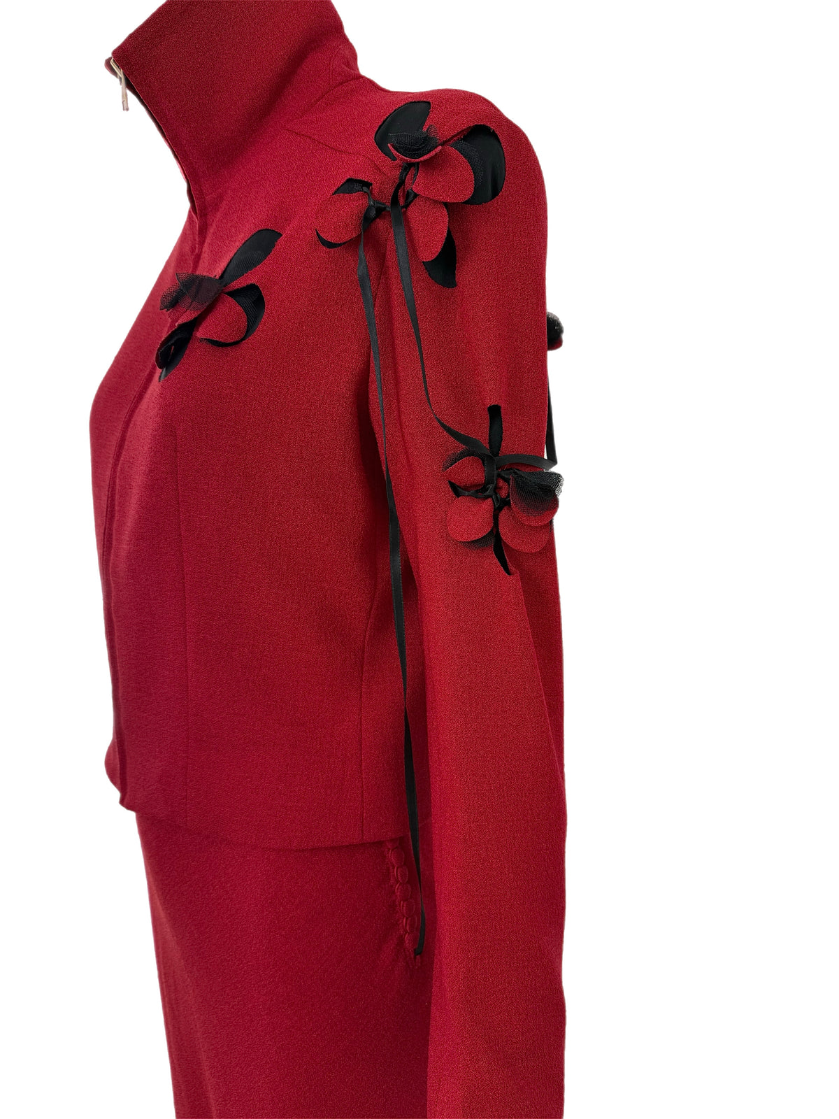 John Galliano 2001 Vintage Crimson Red Floral Motif Skirt Suit