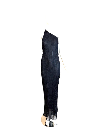 DONNA KARAN 90's Vintage Midnight Blue Beaded Asymmetrical Evening Gown