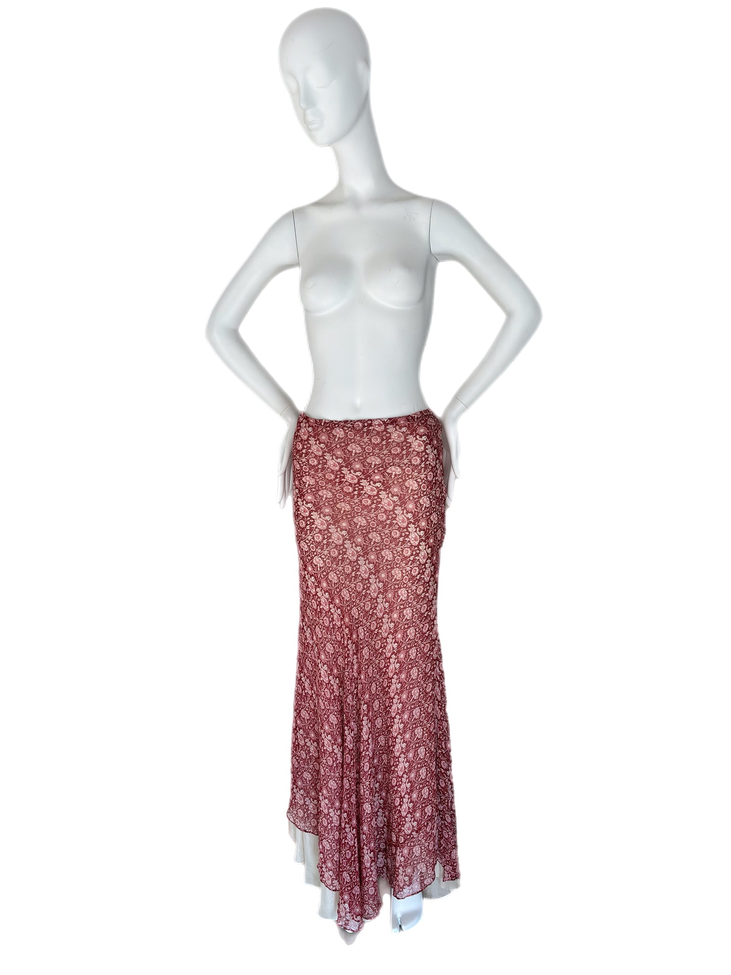 LES HABITUDES Red Silk Floral Maxi Skirt