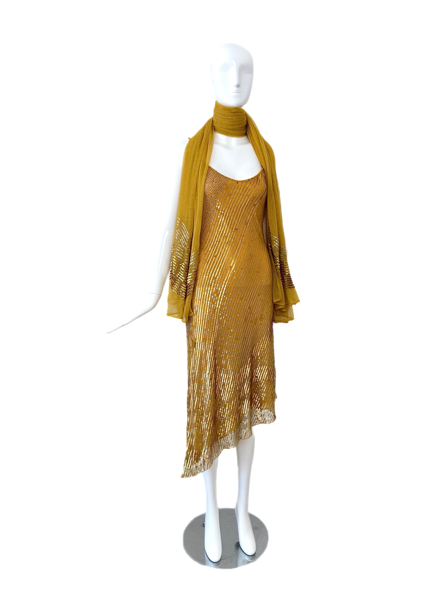 LA PERLA Vintage Marigold Embellished Slip Dress w. Sequin Shawl