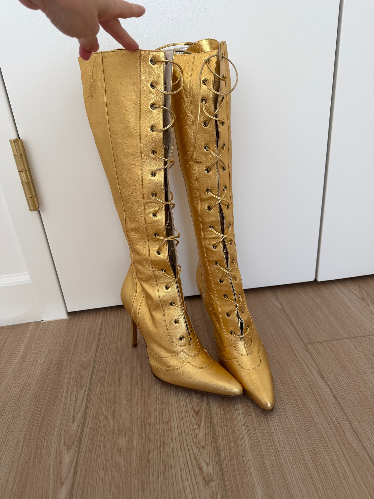 DIOR by JOHN GALLIANO 2000 Vintage Gold Leather Embossed Ostrich Print Lace Up Boots