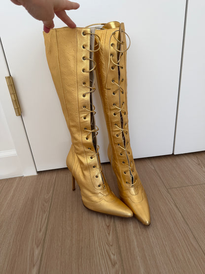 DIOR by JOHN GALLIANO 2000 Vintage Gold Leather Embossed Ostrich Print Lace Up Boots