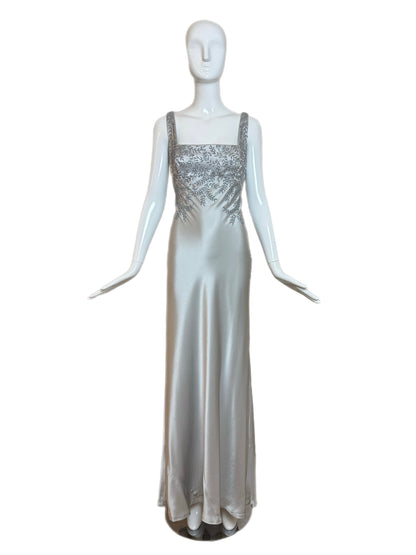 CARMEN MARC VALVO 90's Vintage Silver Beaded Evening Gown