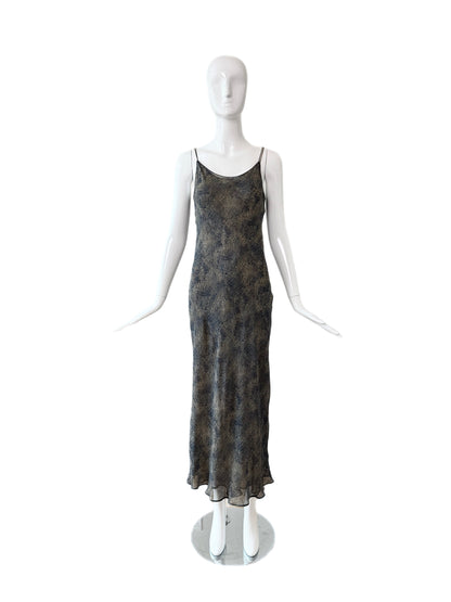 DONNA KARAN 90's Vintage Navy Blue & Tan Printed Silk Slip Maxi Dress