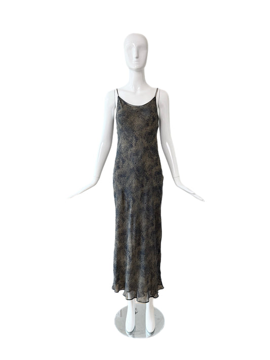 DONNA KARAN 90's Vintage Navy Blue & Tan Printed Silk Slip Maxi Dress