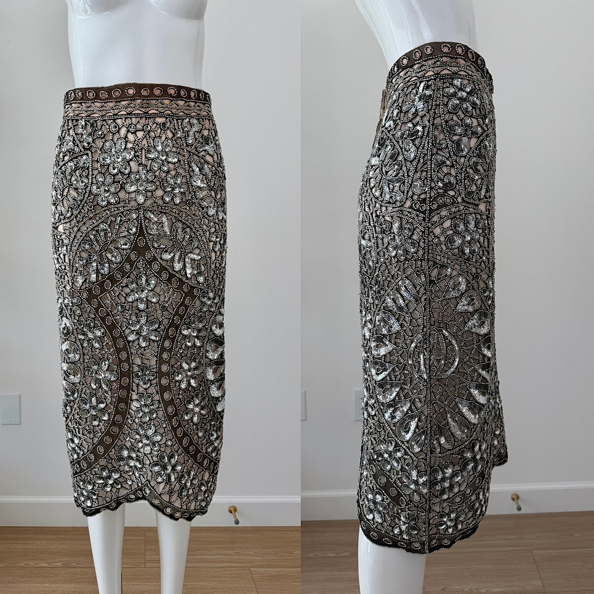 Eavis & Brown Vintage Hand-Beaded Silk Silver Embellished Skirt Set