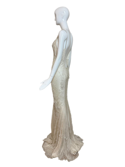 LES HABITUDES 90's Vintage Couture Ivory Beaded Silk Wedding Gown w. Shawl