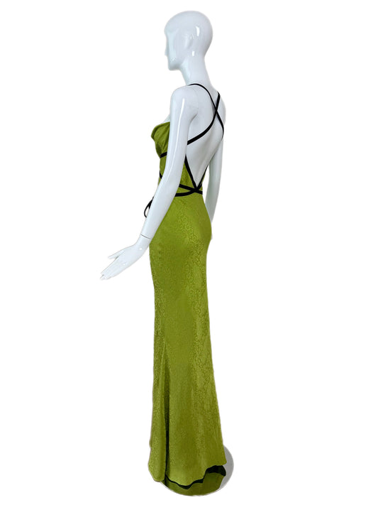JOHN GALLIANO 1999 Vintage Green Printed Backless Gown w. Blue Velvet Trim