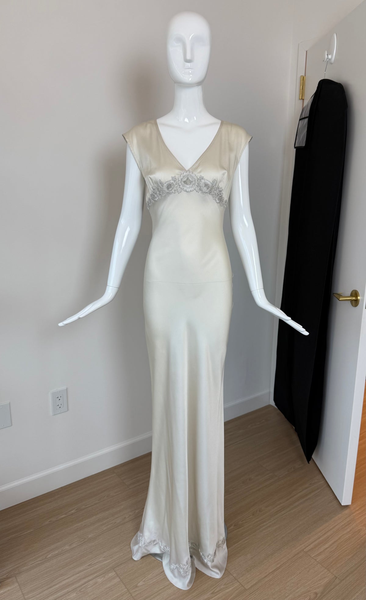 LES HABITUDES 90's Vintage Silver Grey Satin Floral Hand Beaded Antique Look Slip Gown