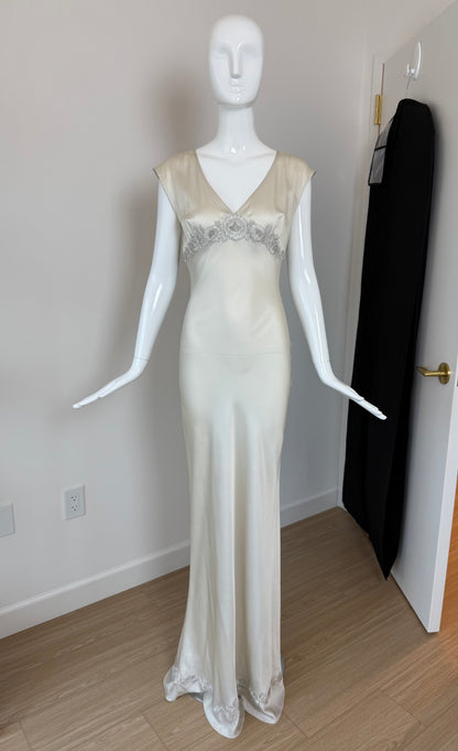 LES HABITUDES 90's Vintage Silver Grey Satin Floral Hand Beaded Antique Look Slip Gown