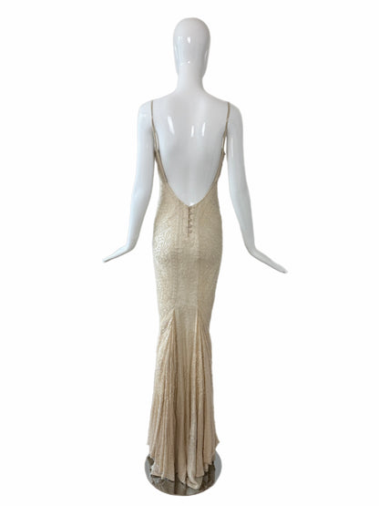 LES HABITUDES 90's Couture Vintage Iridescent Ivory Cream Silk Hand Beaded Bridal Gown