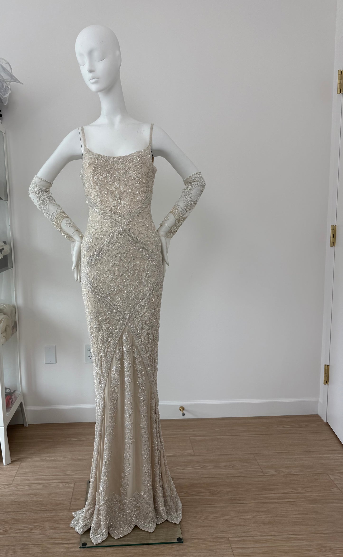 LES HABITUDES 90's Vintage Couture Hand-Beaded w. Pearls Silk Bridal Gown w. Gloves