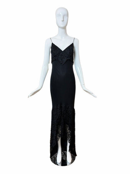 SUE WONG 00's Vintage Silk Black Beaded Evening Gown w. Train