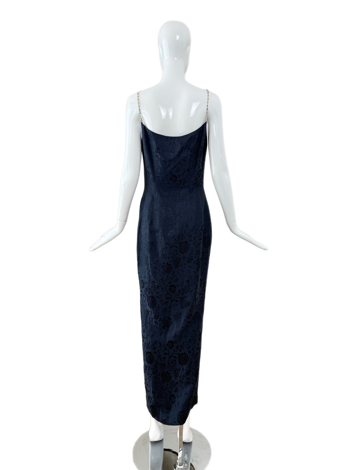 DIOR by JOHN GALLIANO 1998 Vintage Runway Blue Floral Evening Gown w. Ivory Interior + Pearl Straps