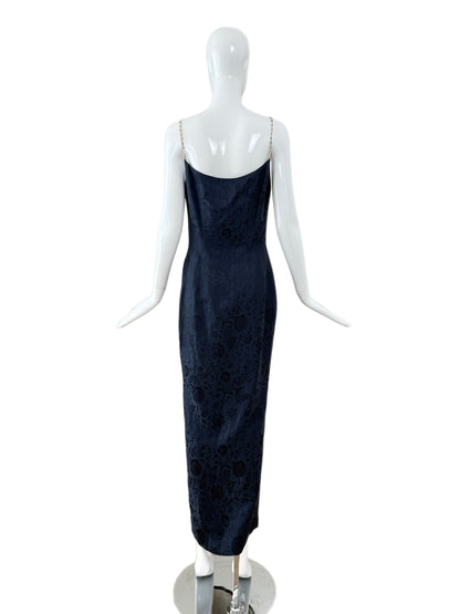 DIOR by JOHN GALLIANO 1998 Vintage Runway Blue Floral Evening Gown w. Ivory Interior + Pearl Straps
