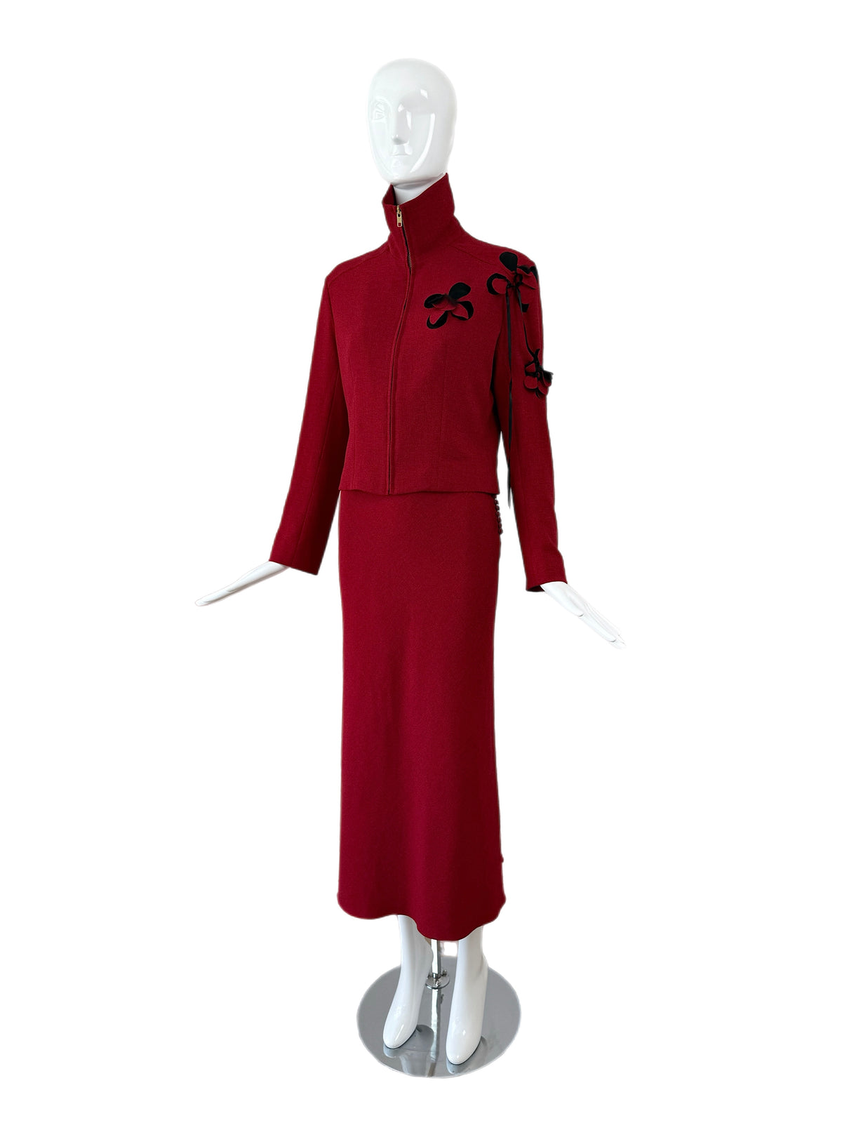 John Galliano 2001 Vintage Crimson Red Floral Motif Skirt Suit