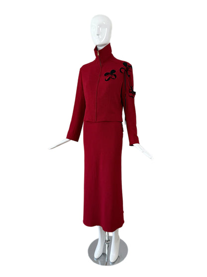 John Galliano 2001 Vintage Crimson Red Floral Motif Skirt Suit
