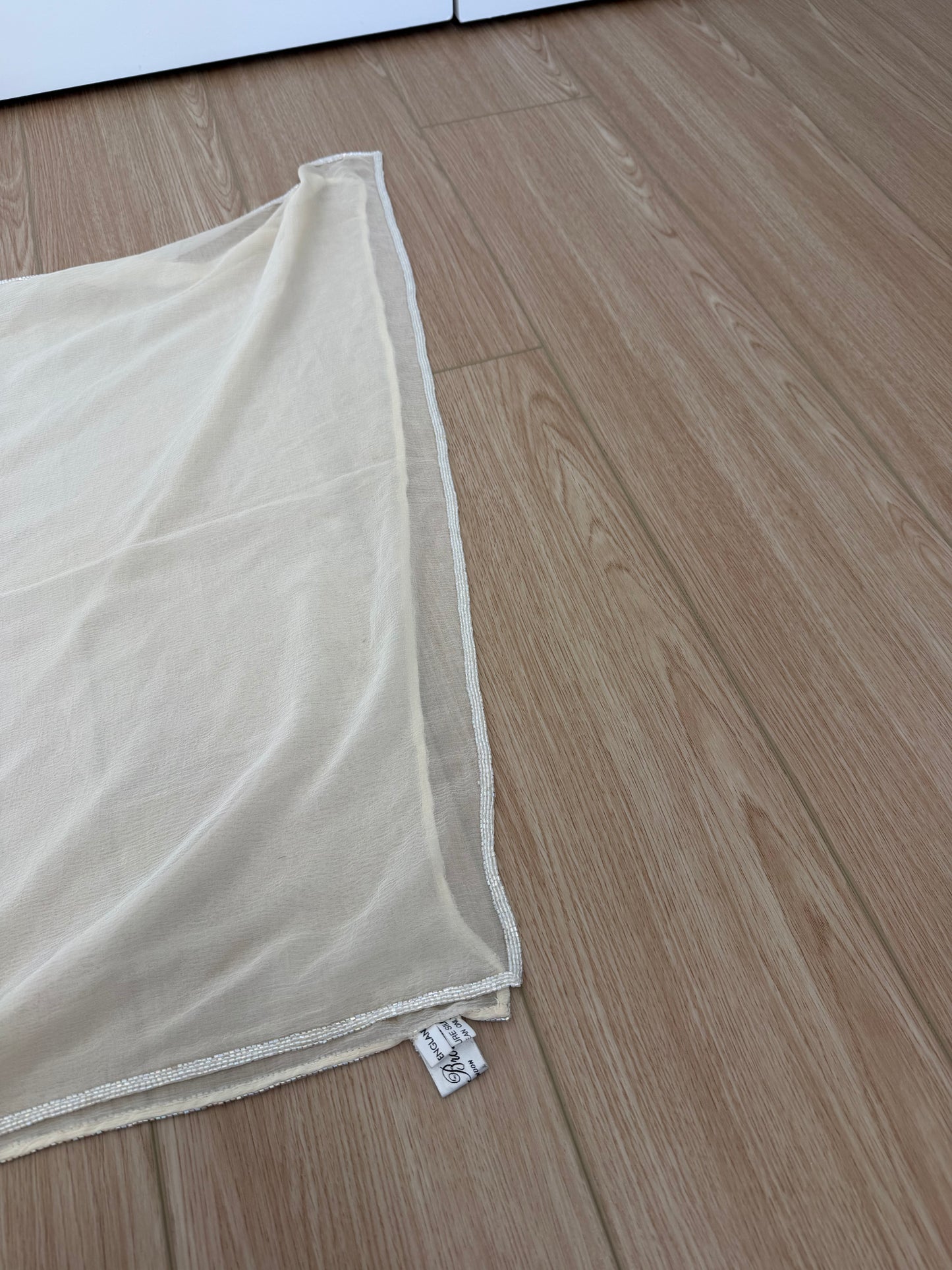 EAVIS & BROWN 90's Vintage Vanilla Ivory Beige Silk Chiffon Shawl w. Iridescent Glass Beads
